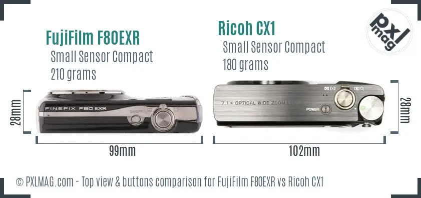 FujiFilm F80EXR vs Ricoh CX1 top view buttons comparison