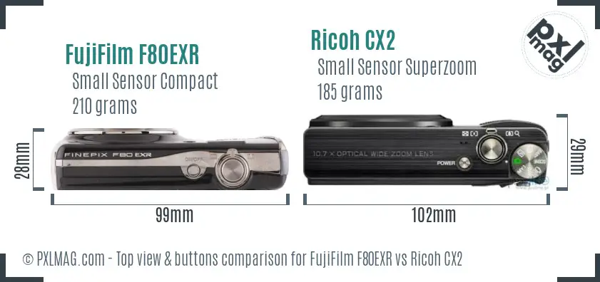 FujiFilm F80EXR vs Ricoh CX2 top view buttons comparison