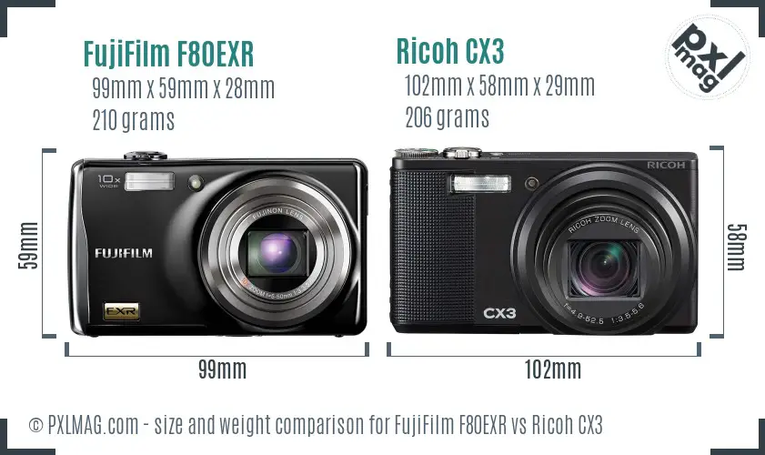 FujiFilm F80EXR vs Ricoh CX3 size comparison