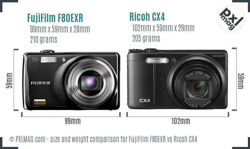 FujiFilm F80EXR vs Ricoh CX4 size comparison
