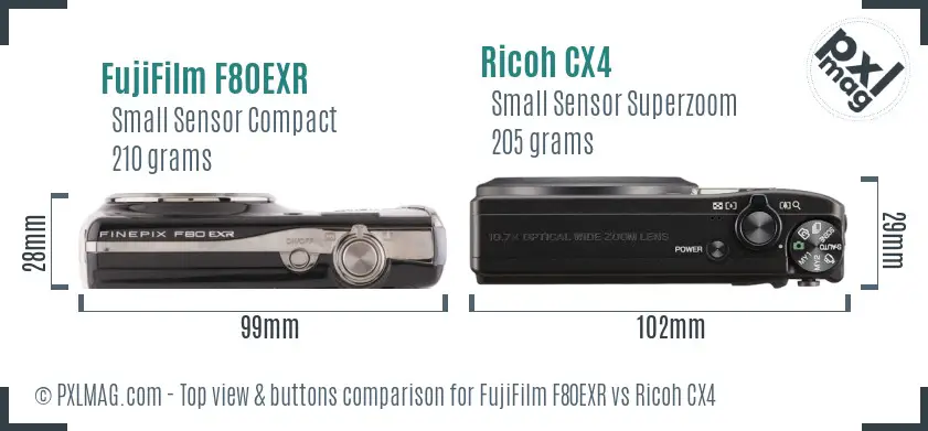 FujiFilm F80EXR vs Ricoh CX4 top view buttons comparison