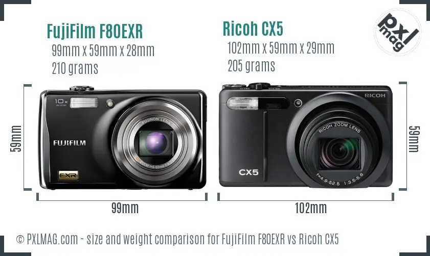 FujiFilm F80EXR vs Ricoh CX5 size comparison FujiFilm F80EXR vs Ricoh CX5 size comparison