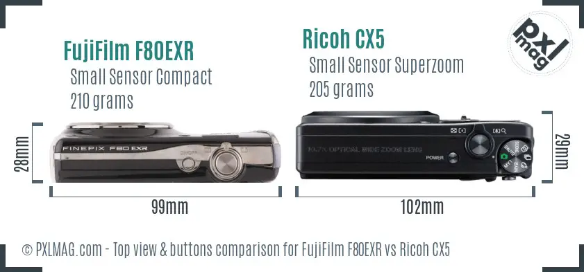 FujiFilm F80EXR vs Ricoh CX5 top view buttons comparison FujiFilm F80EXR vs Ricoh CX5 top view buttons comparison