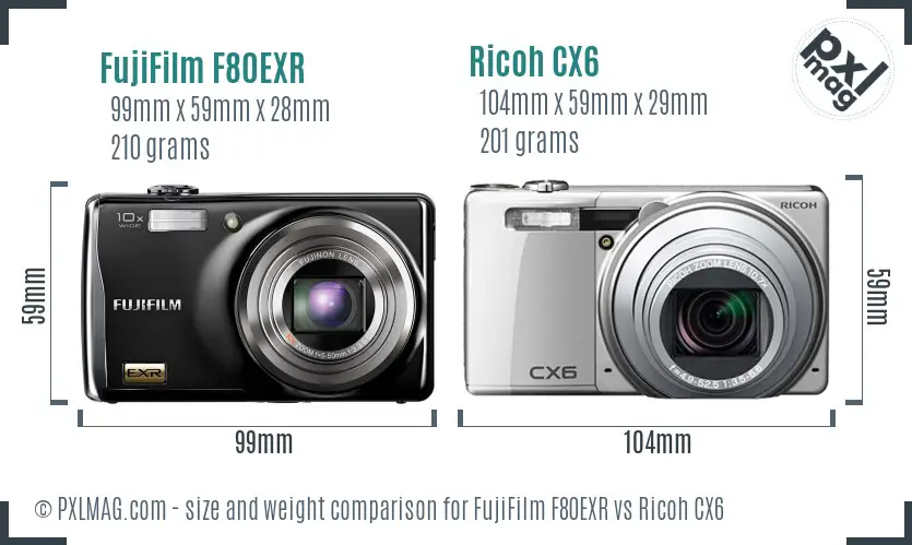 FujiFilm F80EXR vs Ricoh CX6 size comparison