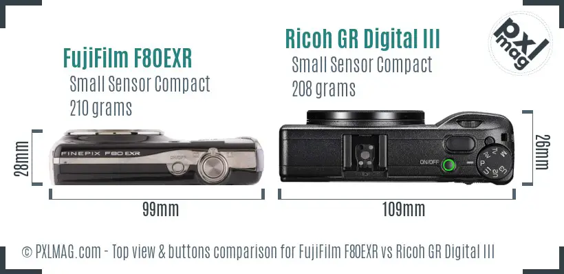 FujiFilm F80EXR vs Ricoh GR Digital III top view buttons comparison