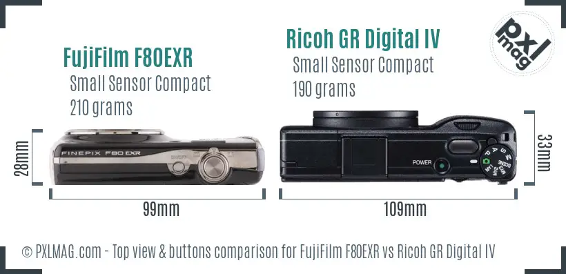 FujiFilm F80EXR vs Ricoh GR Digital IV top view buttons comparison