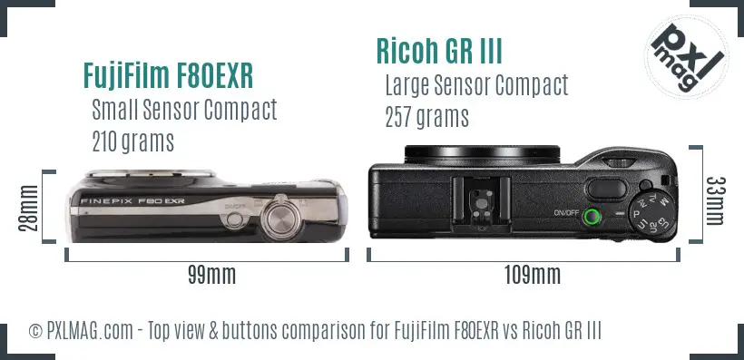 FujiFilm F80EXR vs Ricoh GR III top view buttons comparison FujiFilm F80EXR vs Ricoh GR III top view buttons comparison