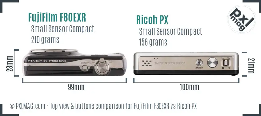 FujiFilm F80EXR vs Ricoh PX top view buttons comparison FujiFilm F80EXR vs Ricoh PX top view buttons comparison