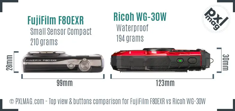 FujiFilm F80EXR vs Ricoh WG-30W top view buttons comparison FujiFilm F80EXR vs Ricoh WG-30W top view buttons comparison