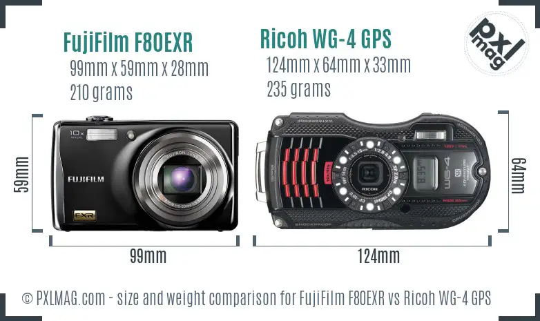 FujiFilm F80EXR vs Ricoh WG-4 GPS size comparison FujiFilm F80EXR vs Ricoh WG-4 GPS size comparison