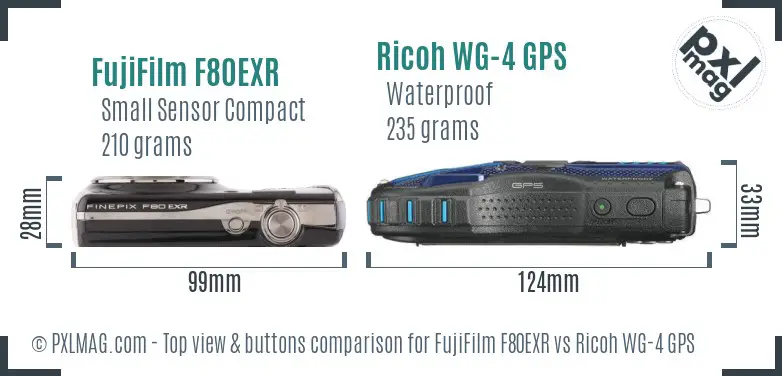 FujiFilm F80EXR vs Ricoh WG-4 GPS top view buttons comparison FujiFilm F80EXR vs Ricoh WG-4 GPS top view buttons comparison