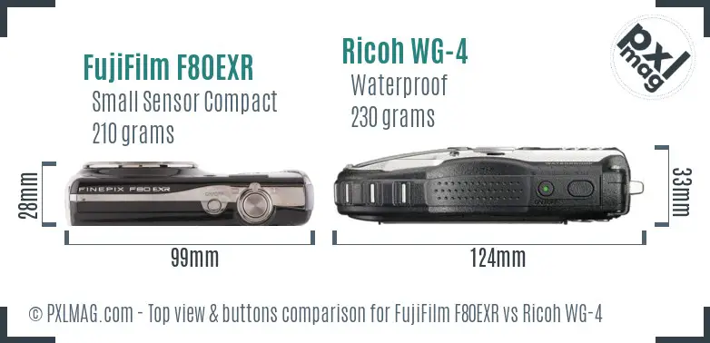 FujiFilm F80EXR vs Ricoh WG-4 top view buttons comparison