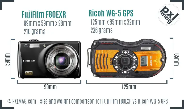 FujiFilm F80EXR vs Ricoh WG-5 GPS size comparison FujiFilm F80EXR vs Ricoh WG-5 GPS size comparison