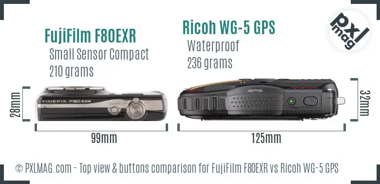 FujiFilm F80EXR vs Ricoh WG-5 GPS top view buttons comparison FujiFilm F80EXR vs Ricoh WG-5 GPS top view buttons comparison
