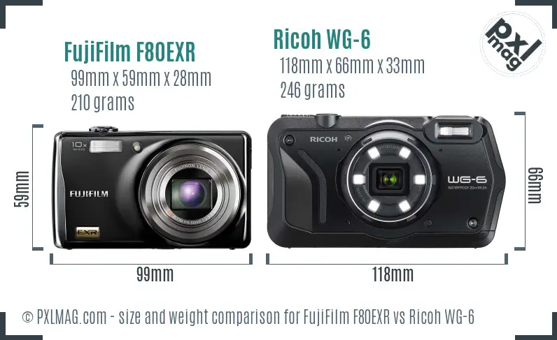 FujiFilm F80EXR vs Ricoh WG-6 size comparison