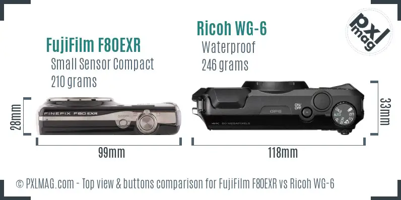 FujiFilm F80EXR vs Ricoh WG-6 top view buttons comparison