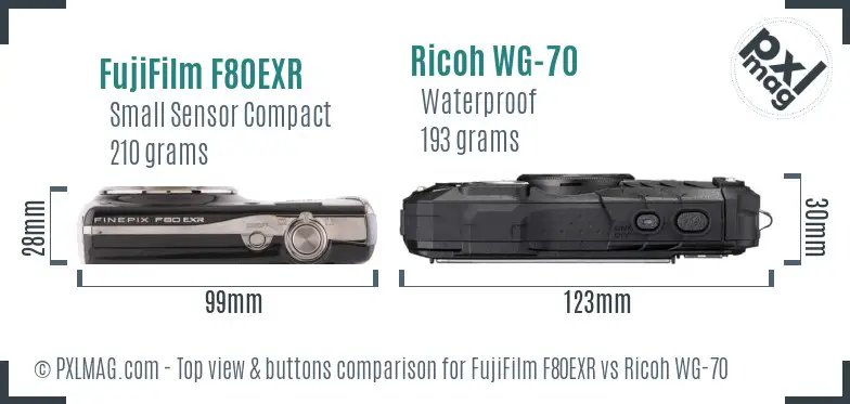 FujiFilm F80EXR vs Ricoh WG-70 top view buttons comparison