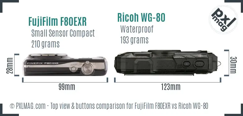 FujiFilm F80EXR vs Ricoh WG-80 top view buttons comparison