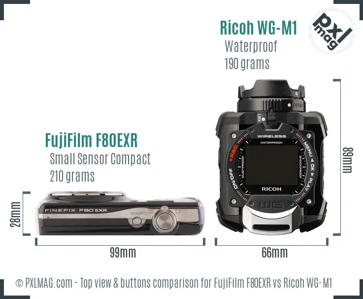 FujiFilm F80EXR vs Ricoh WG-M1 top view buttons comparison FujiFilm F80EXR vs Ricoh WG-M1 top view buttons comparison