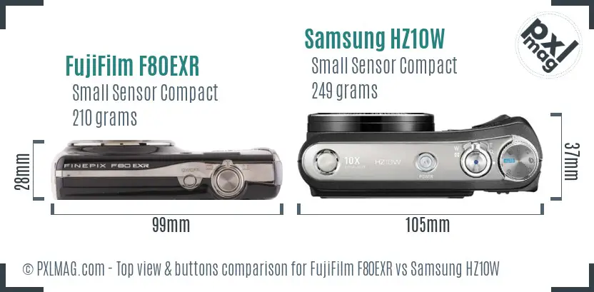 FujiFilm F80EXR vs Samsung HZ10W top view buttons comparison