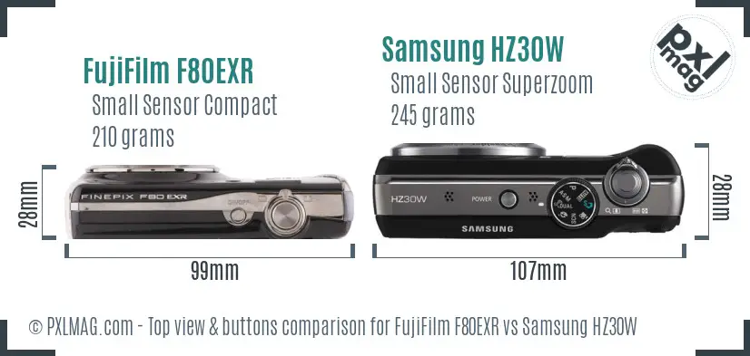 FujiFilm F80EXR vs Samsung HZ30W top view buttons comparison