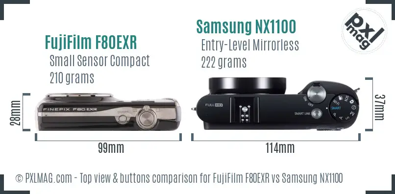 FujiFilm F80EXR vs Samsung NX1100 top view buttons comparison FujiFilm F80EXR vs Samsung NX1100 top view buttons comparison