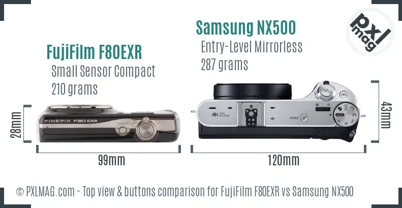 FujiFilm F80EXR vs Samsung NX500 top view buttons comparison FujiFilm F80EXR vs Samsung NX500 top view buttons comparison