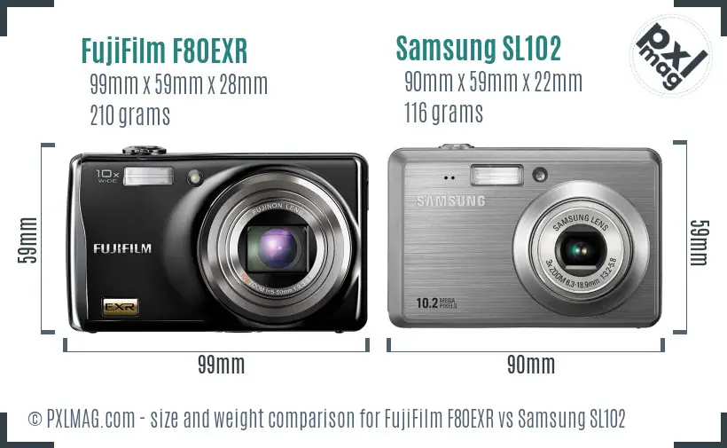 FujiFilm F80EXR vs Samsung SL102 size comparison