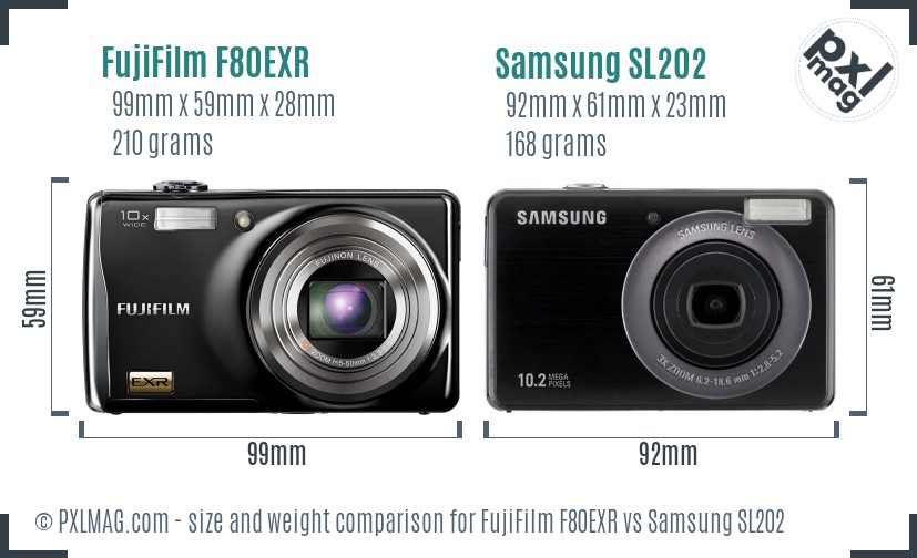 FujiFilm F80EXR vs Samsung SL202 size comparison