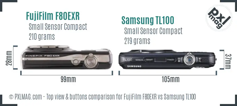 FujiFilm F80EXR vs Samsung TL100 top view buttons comparison FujiFilm F80EXR vs Samsung TL100 top view buttons comparison