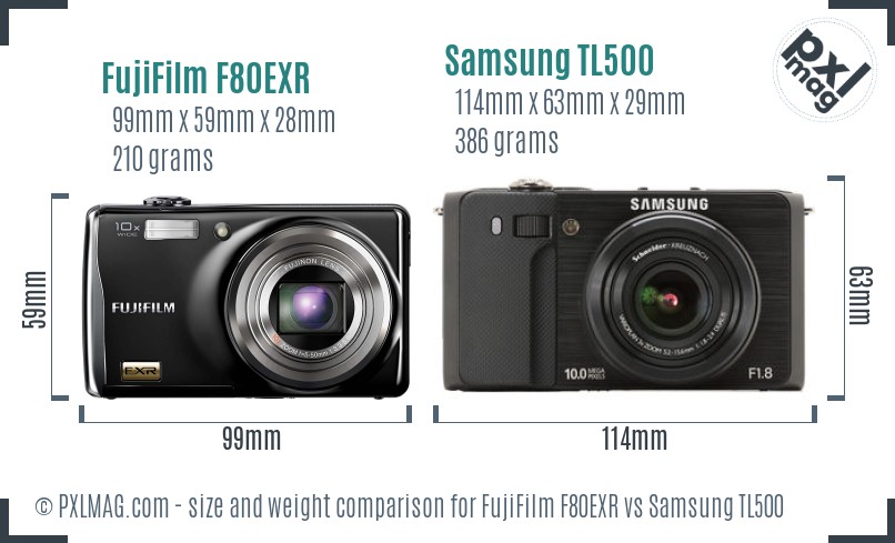 FujiFilm F80EXR vs Samsung TL500 size comparison
