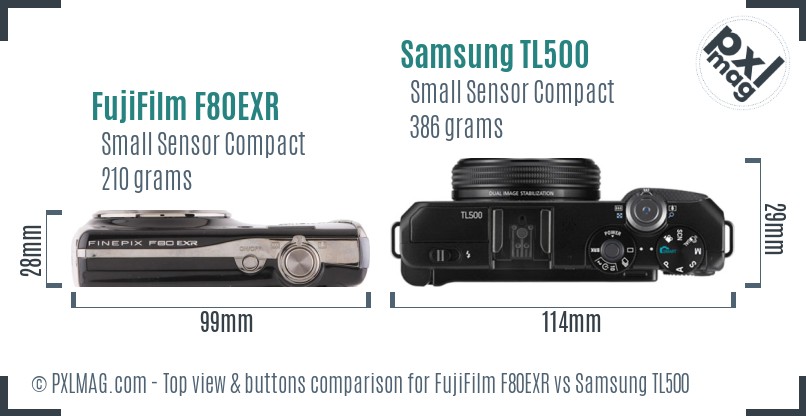 FujiFilm F80EXR vs Samsung TL500 top view buttons comparison