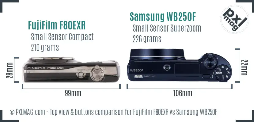 FujiFilm F80EXR vs Samsung WB250F top view buttons comparison