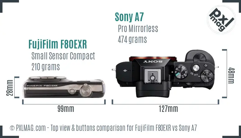 FujiFilm F80EXR vs Sony A7 top view buttons comparison