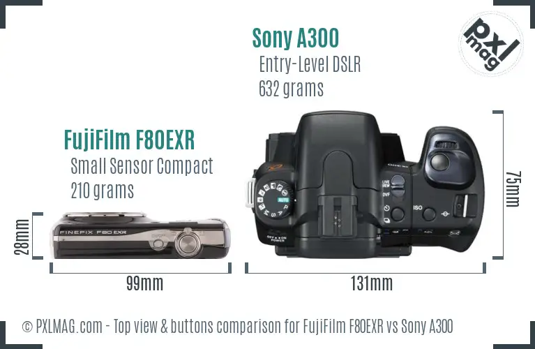 FujiFilm F80EXR vs Sony A300 top view buttons comparison