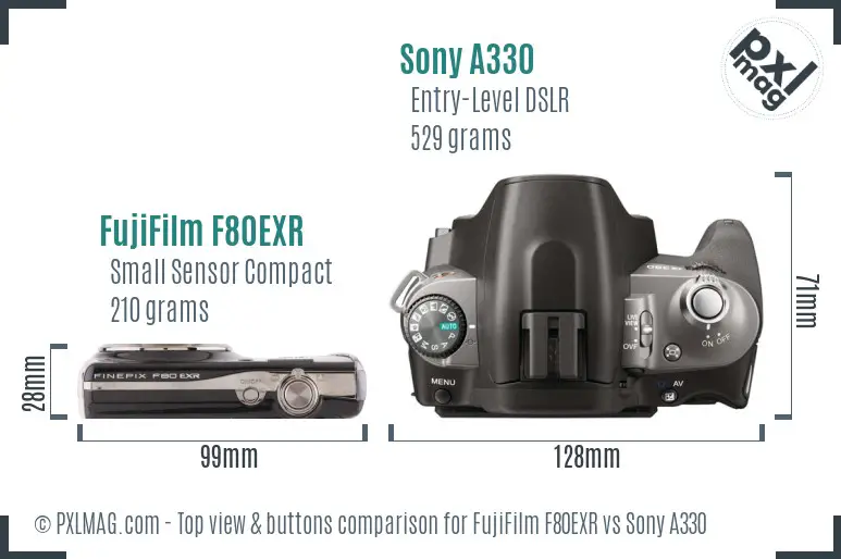 FujiFilm F80EXR vs Sony A330 top view buttons comparison FujiFilm F80EXR vs Sony A330 top view buttons comparison