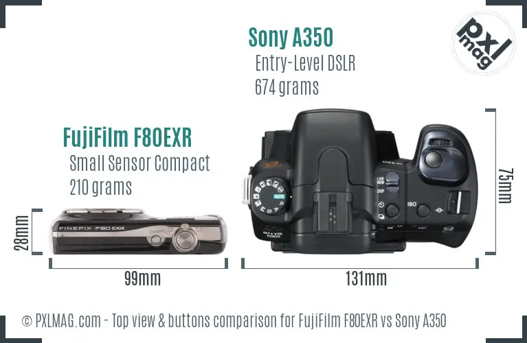 FujiFilm F80EXR vs Sony A350 top view buttons comparison FujiFilm F80EXR vs Sony A350 top view buttons comparison