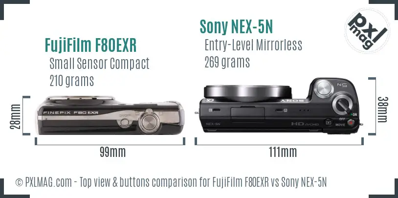 FujiFilm F80EXR vs Sony NEX-5N top view buttons comparison