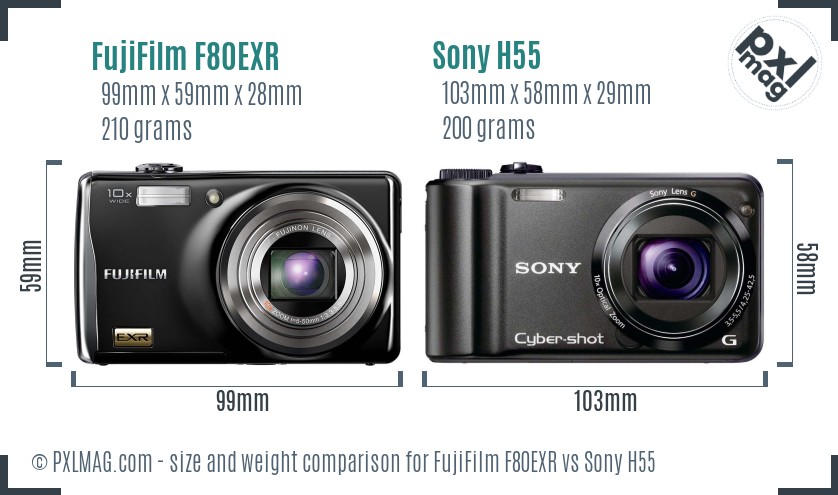 FujiFilm F80EXR vs Sony H55 size comparison