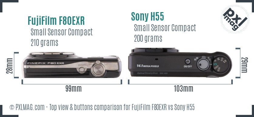 FujiFilm F80EXR vs Sony H55 top view buttons comparison