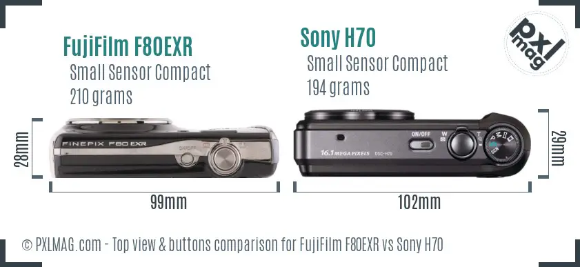 FujiFilm F80EXR vs Sony H70 top view buttons comparison FujiFilm F80EXR vs Sony H70 top view buttons comparison