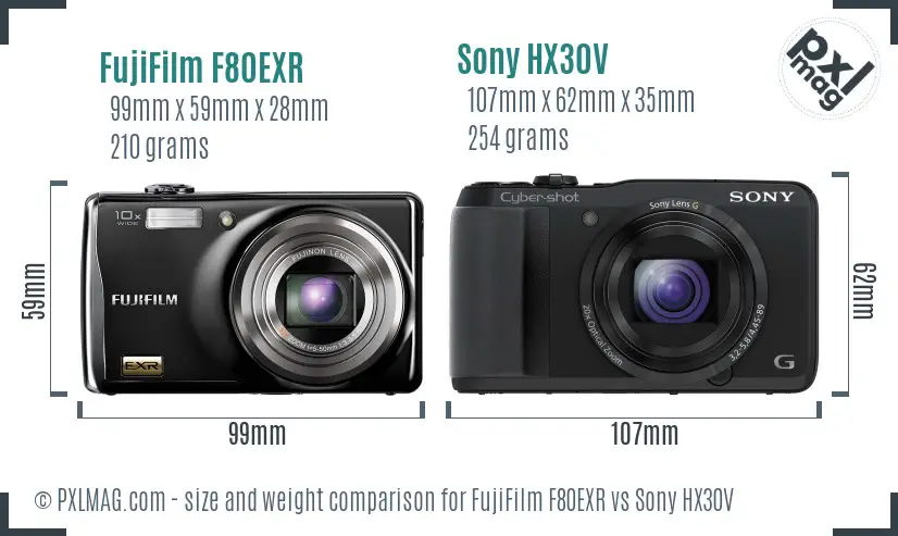 FujiFilm F80EXR vs Sony HX30V size comparison