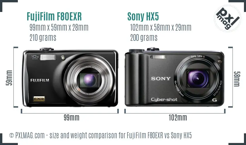 FujiFilm F80EXR vs Sony HX5 size comparison