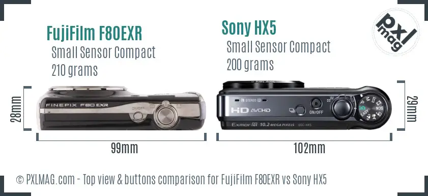 FujiFilm F80EXR vs Sony HX5 top view buttons comparison