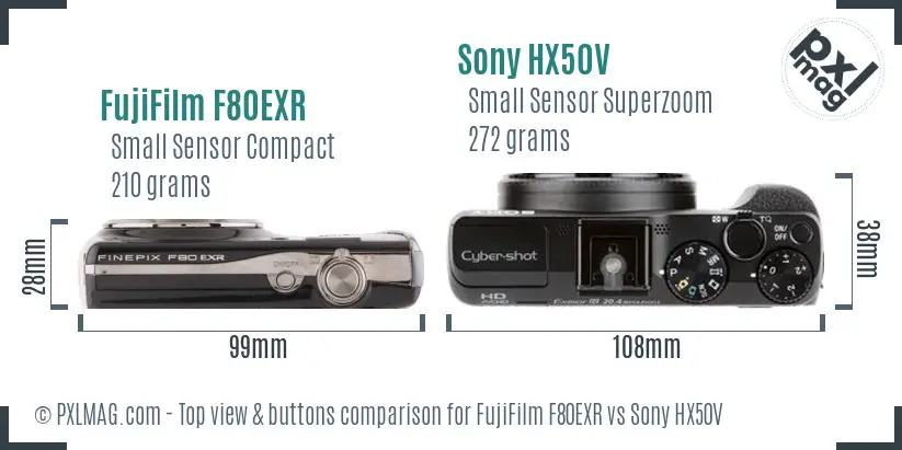 FujiFilm F80EXR vs Sony HX50V top view buttons comparison
