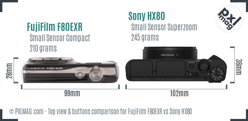 FujiFilm F80EXR vs Sony HX80 top view buttons comparison