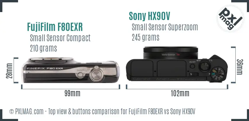 FujiFilm F80EXR vs Sony HX90V top view buttons comparison