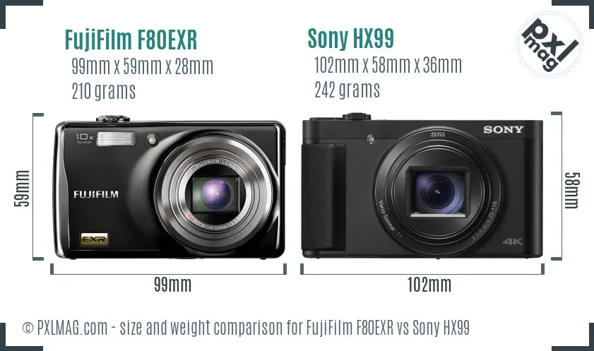 FujiFilm F80EXR vs Sony HX99 size comparison