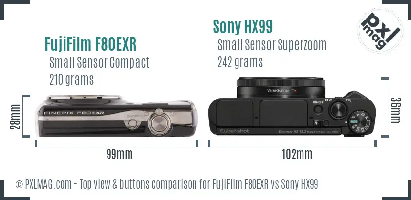 FujiFilm F80EXR vs Sony HX99 top view buttons comparison