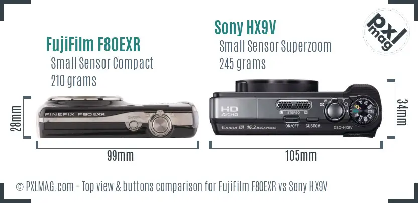 FujiFilm F80EXR vs Sony HX9V top view buttons comparison